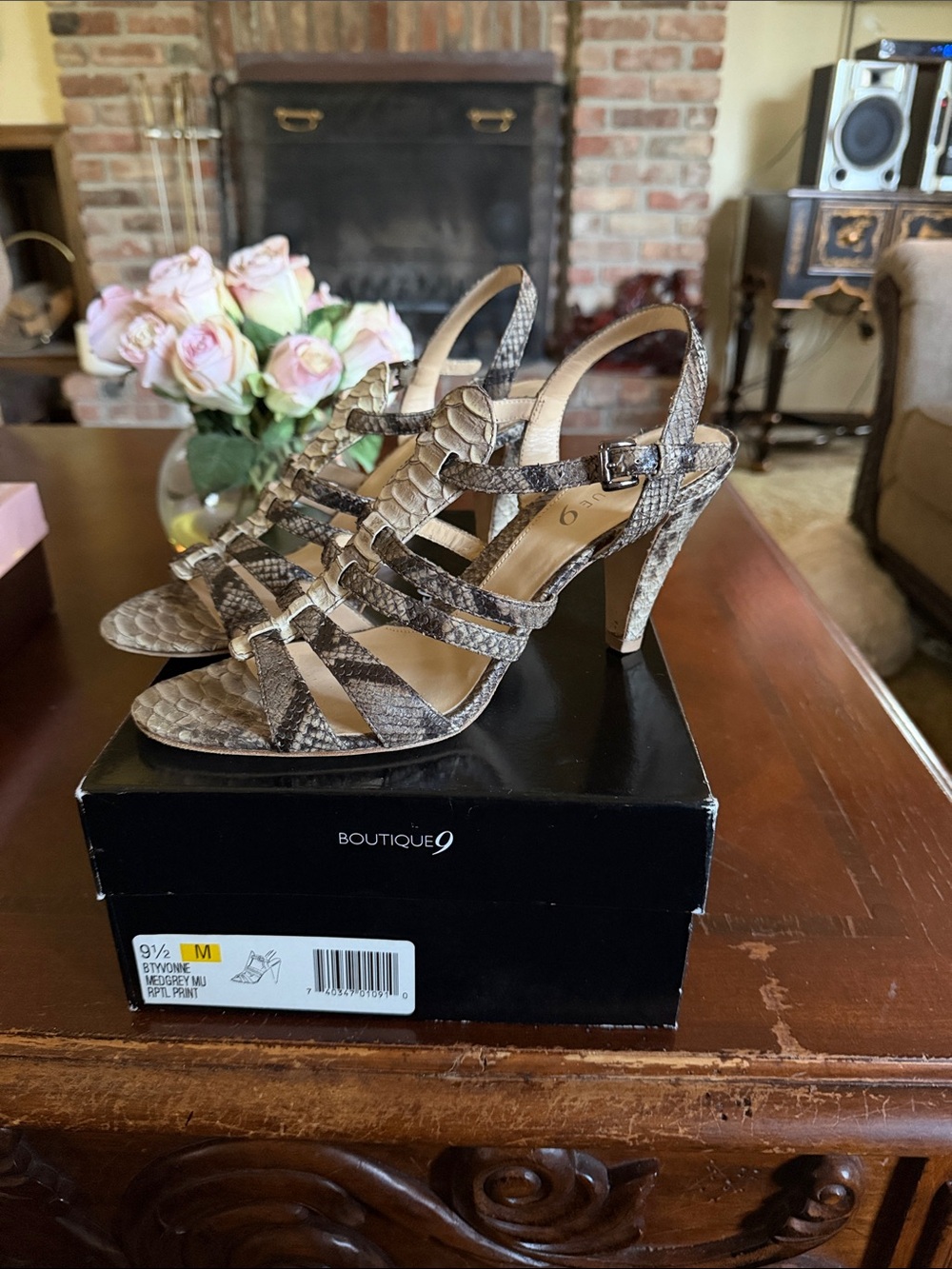 Boutique 9 Snakeskin Strappy Heels in Taupe and Beige